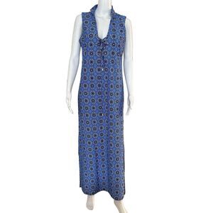 Helen Jon Medium Chelsea Maxi Dress Women's Blue Medallion V-neck Side Slits